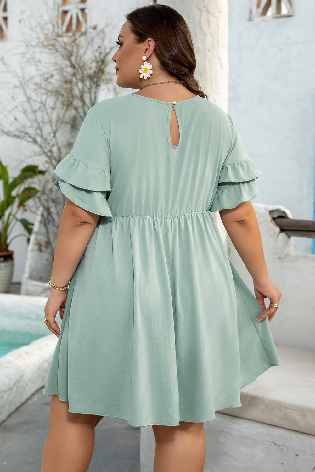 Grass Green Ruffle Trim Short Sleeve Plus Size Flared Mini Dress - Image 2