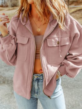 Pink Flap Pocket Drawstring Hood Zip Up Jacket