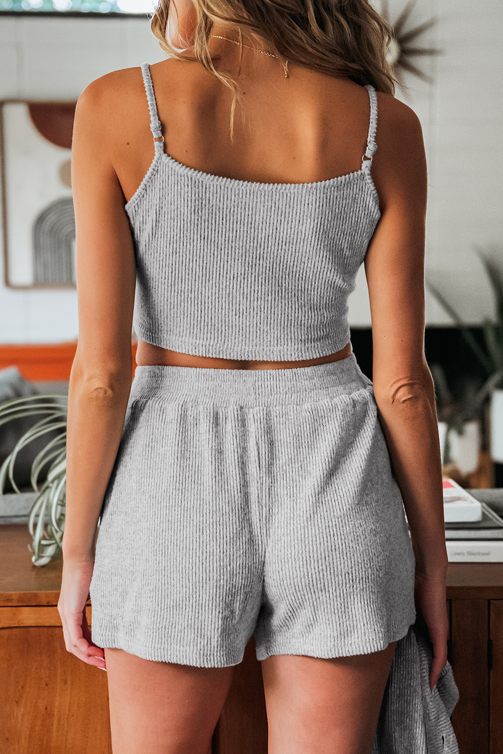 Light Grey 3 Pieces Rib Crop Camisole Matching Shorts Lounge Set with Cardigan - Image 6