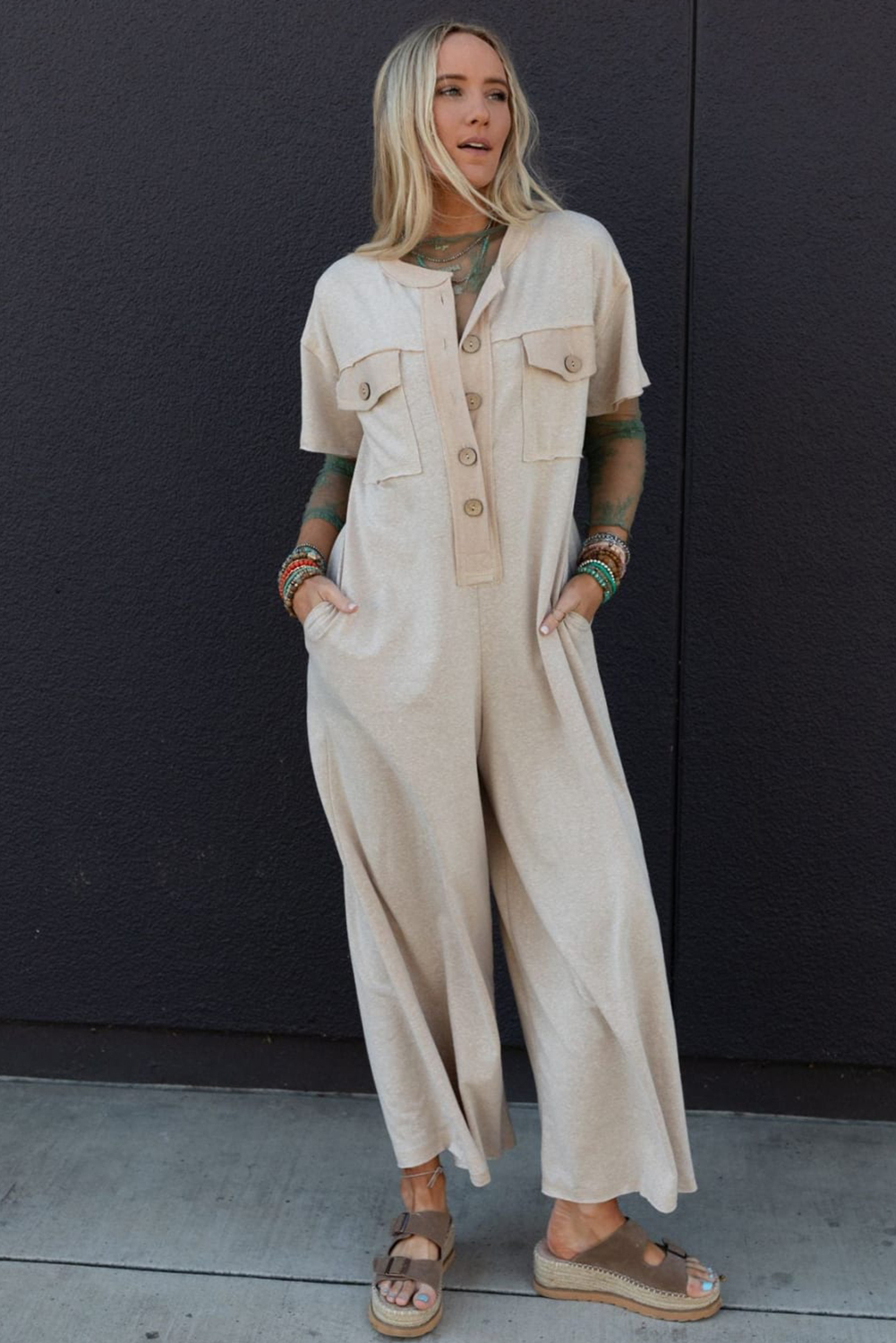 Beige Half Placket Chest Pockets Short Sleeve Wide Leg Jumpsuit - Image 7