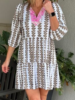 Black Contrast Floral V Neck Printed Bracelet Sleeve Dress