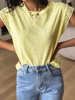 Yellow Cream Lace Patchwork Cap Sleeve Round Neck T Shirt