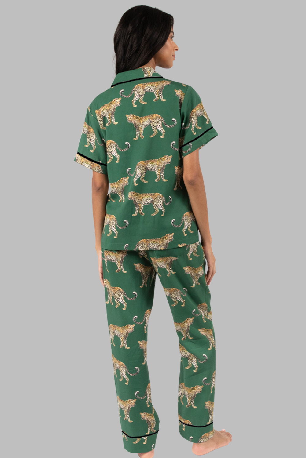 Green Cheetah Print Short Sleeve Shirt and Pants Pajama Set - Image 2