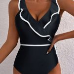 Black Color Contrast Ruffled Wrap V Neck Swimsuit