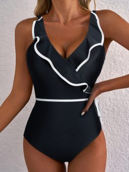 Black Color Contrast Ruffled Wrap V Neck Swimsuit