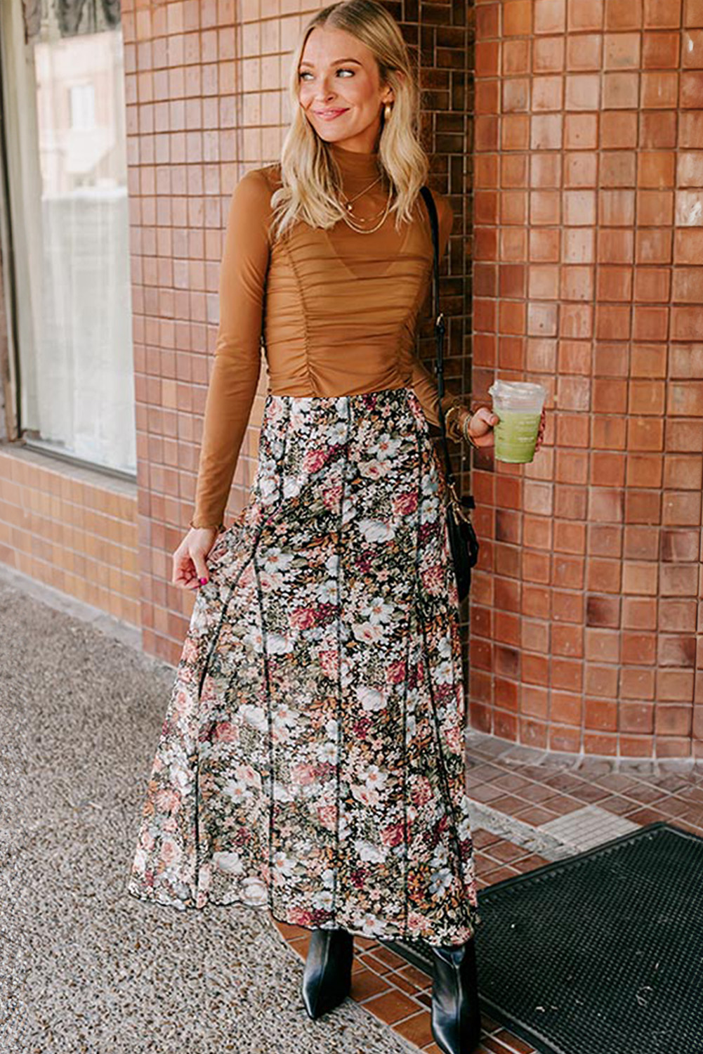 Brown Floral Print High Waist Maxi Skirt - Image 5