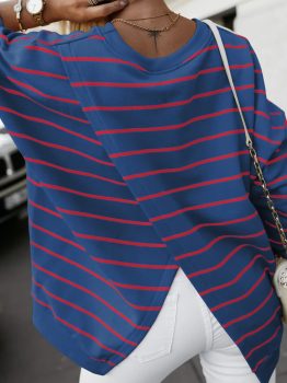 Blue Stripe Stylish Overlap Detail Drop Shoulder Pullover Sweatshirt