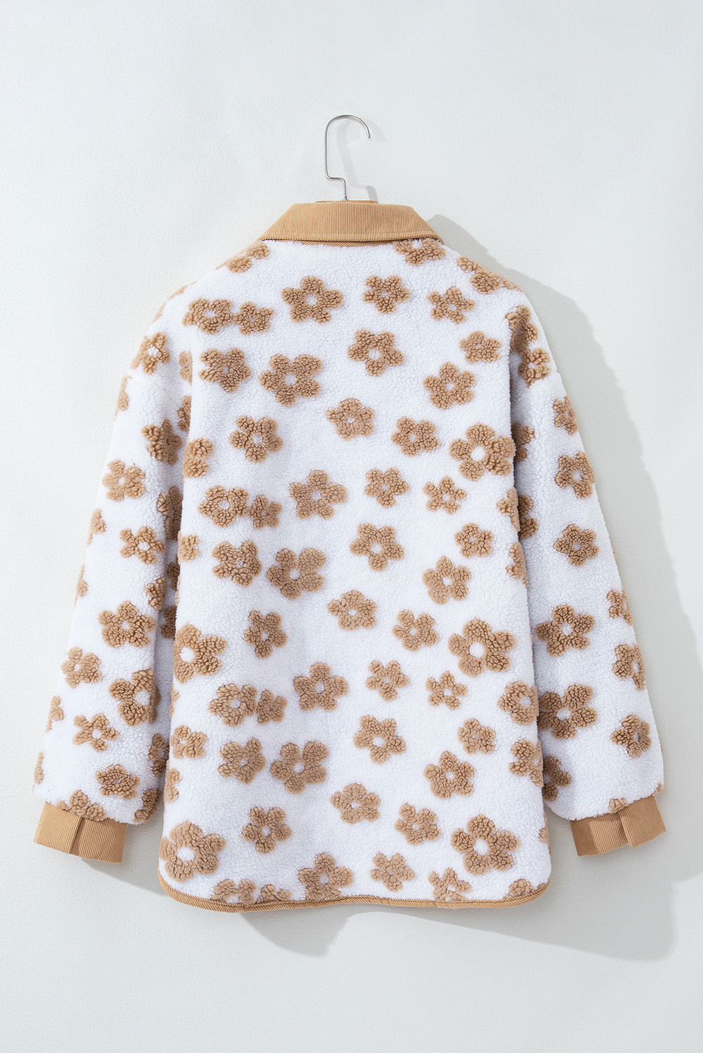 Light French Beige Cute Flower Pattern Button Up Fleece Jacket - Image 7