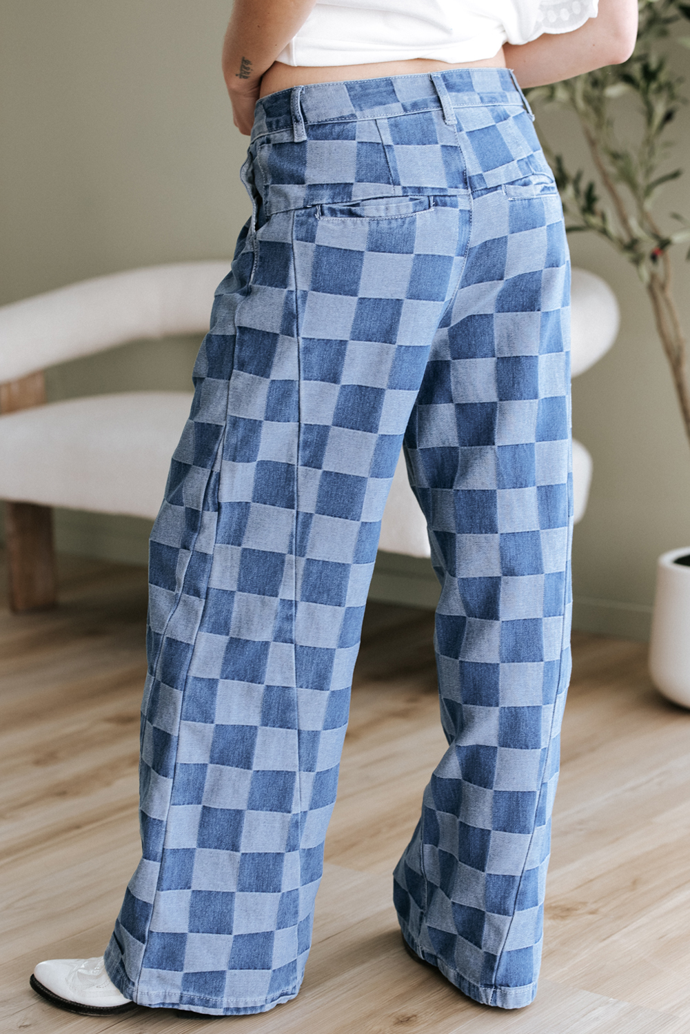 Dusk Blue Checkered Denim Wide Leg Jeans - Image 5
