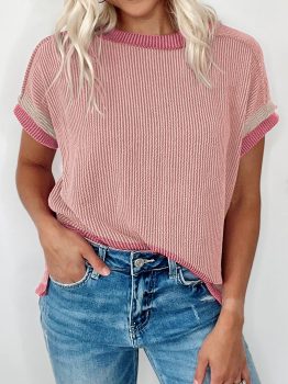 Light Pink Textured Contrast Trim Round Neck T Shirt