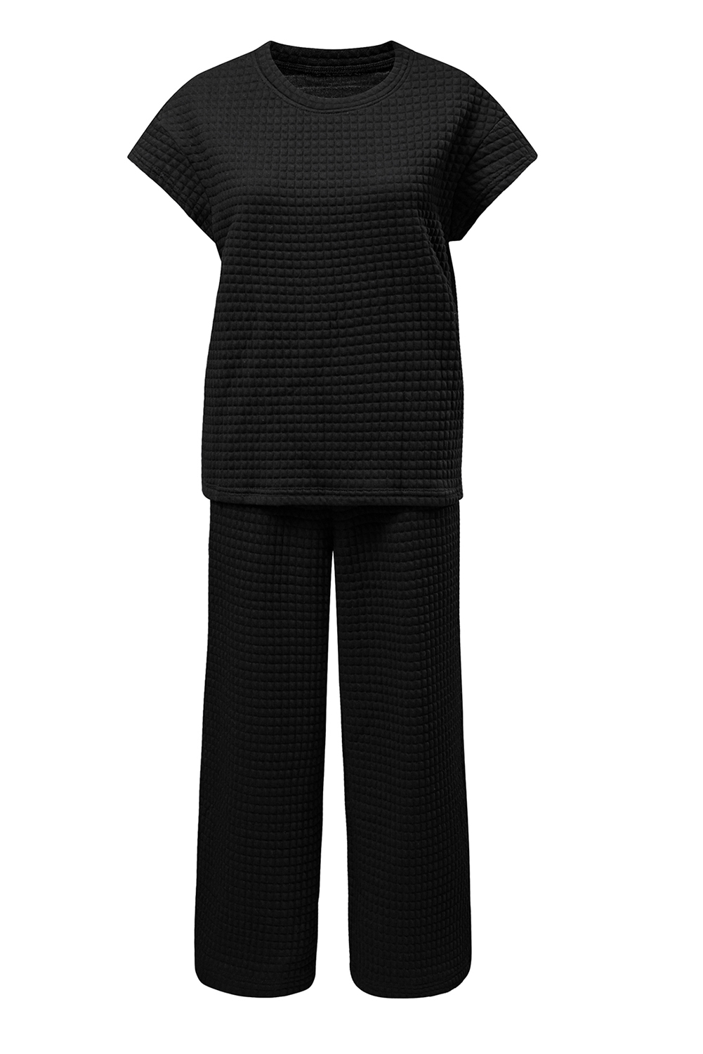 Black Solid Color Textured Short Sleeve Top and Casual Pants Set - Image 7