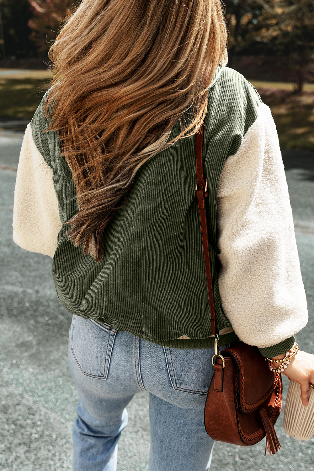 Mist Green Corduroy Fleece Patchwork Buttoned Bomber Jacket - Image 2