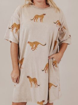 Apricot Plus Size Cheetah Print Side Pockets T Shirt Mini Dress