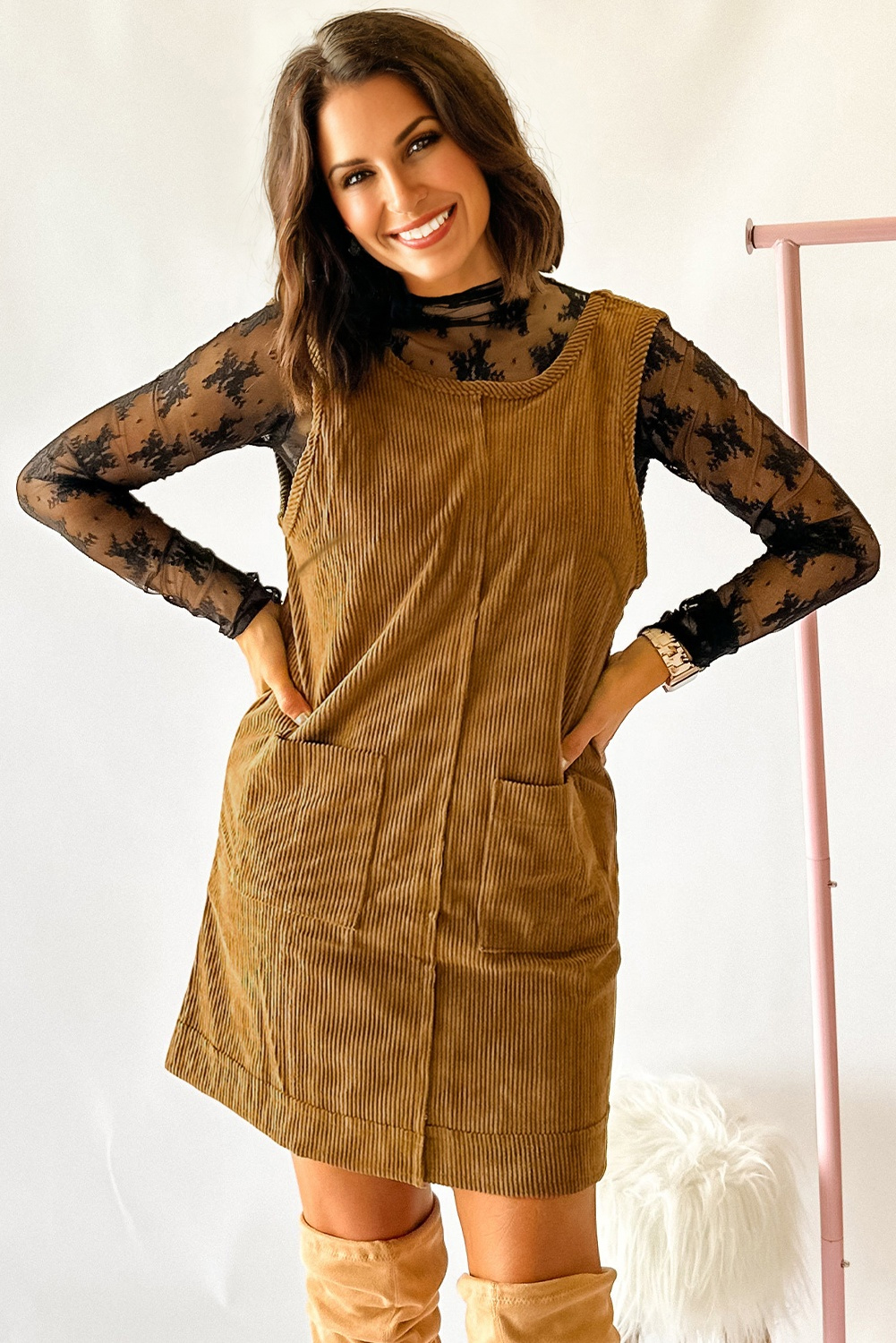 Beige Corduroy Sleeveless Mini Dress With Patched Pockets - Image 3