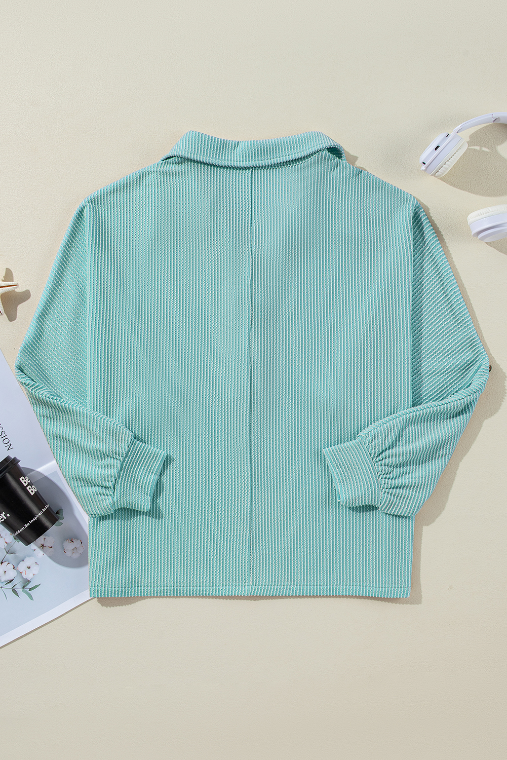 Light Blue Oversized Twist Ribbed Collared Henley Top with Roll up Sleeve - Image 8