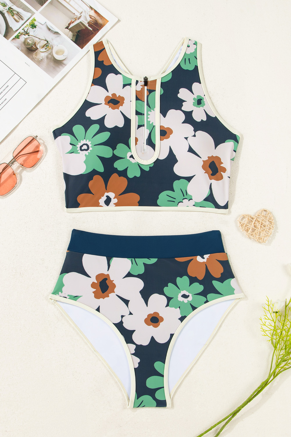 Blue Flower Zip up Racerback High Waisted Bikini - Image 7