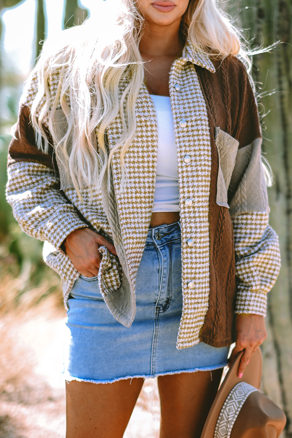 Khaki Houndstooth Color Contrast Textured Patchwork Loose Shacket - Image 6