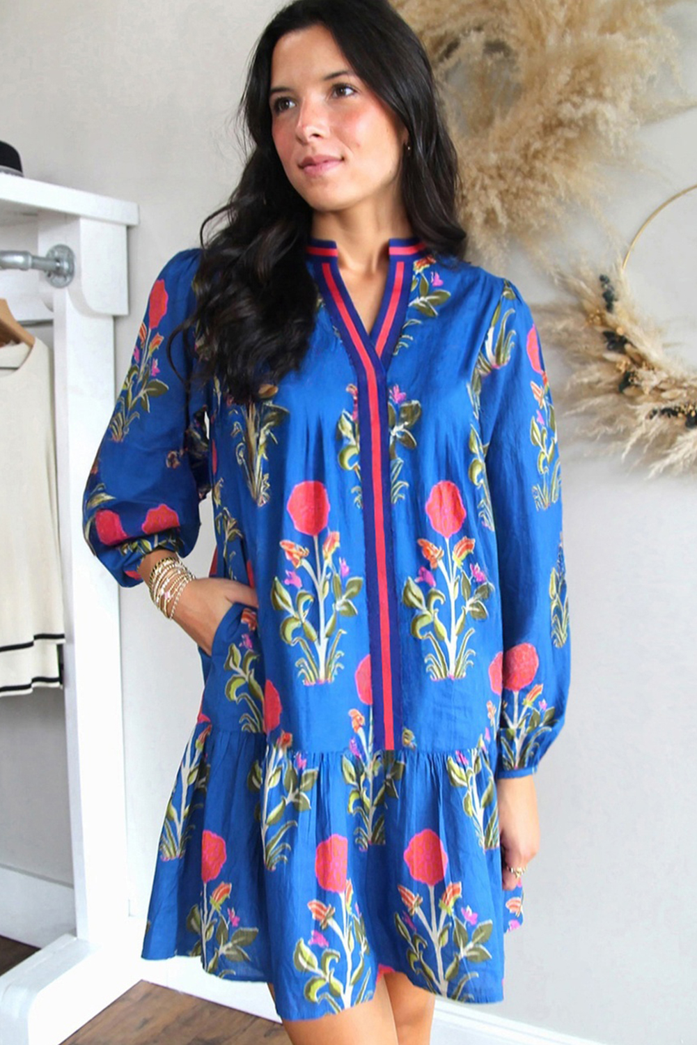 Sky Blue Floral Print Contrast Striped Trim Notched Neck Long Sleeve Dress - Image 5