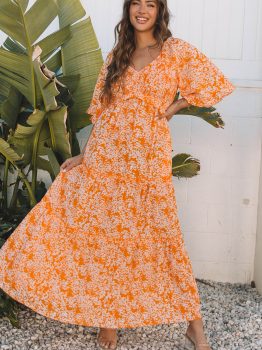 Orange Floral Print Smocked V Neck Wide Sleeve Maxi Dress