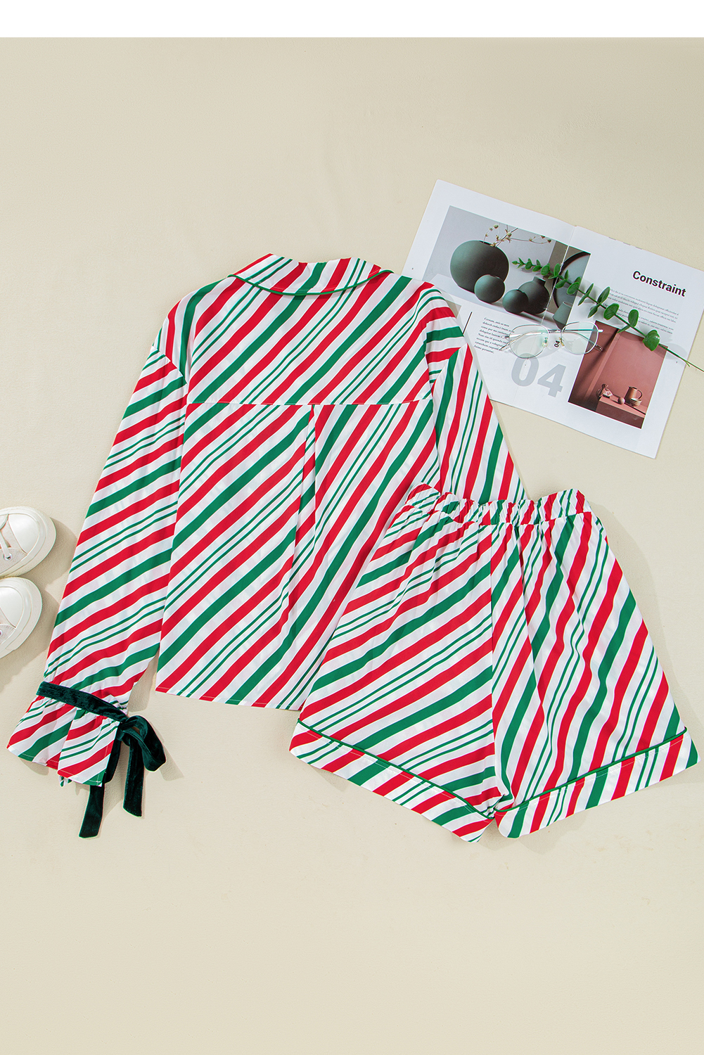 Green Stripe Contrast Velvet Ribbon Knot Christmas 2pcs Pajama Set - Image 4