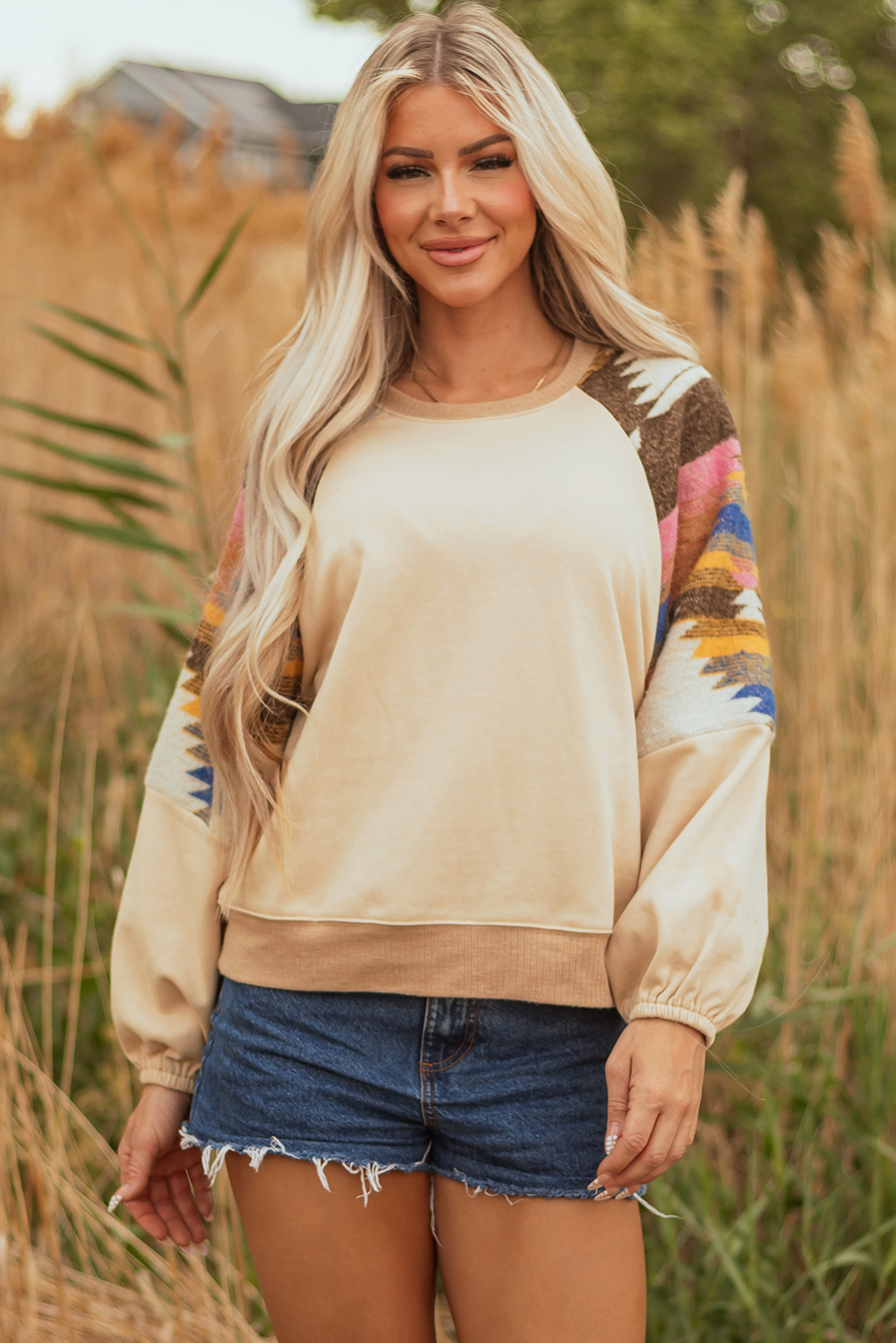 Light French Beige Aztec Patchwork Raglan Pullover Sweatshirt - Image 4