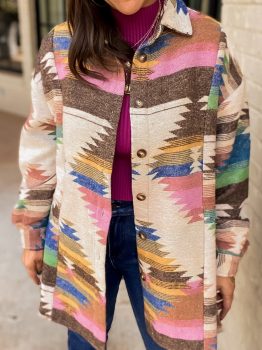 White Aztec Print Button Up Shacket