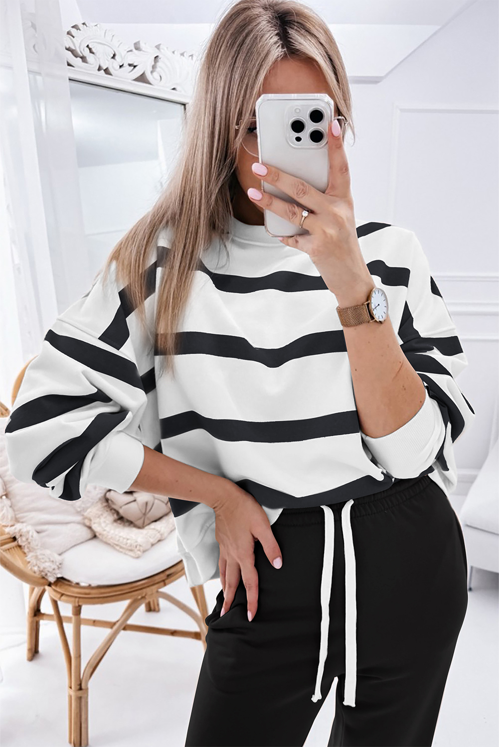 Black Stripe Drop Shoulder Pullover and Jogger Pants Set - Image 6