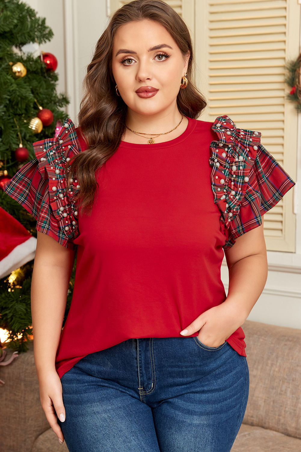 Racing Red Plaid Pearl Ruffled Short Sleeve Knitted Christmas Holiday Plus Size T-shirt - Image 5