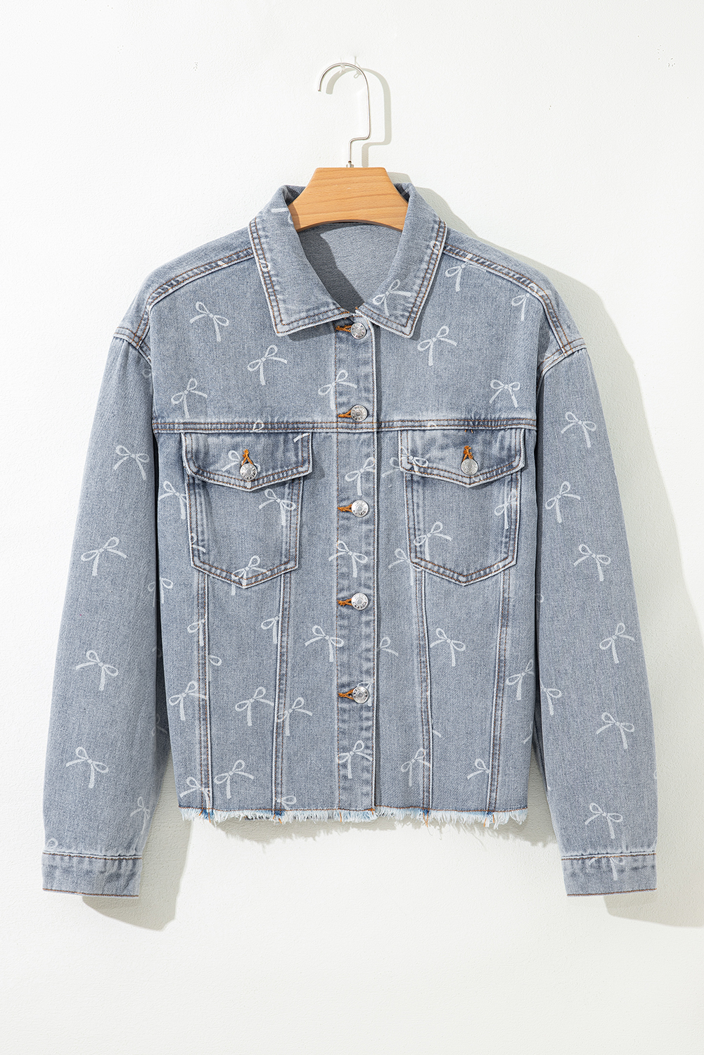 Sky Blue Bow Knot Print Light Wash Raw Hem Denim Jacket - Image 6