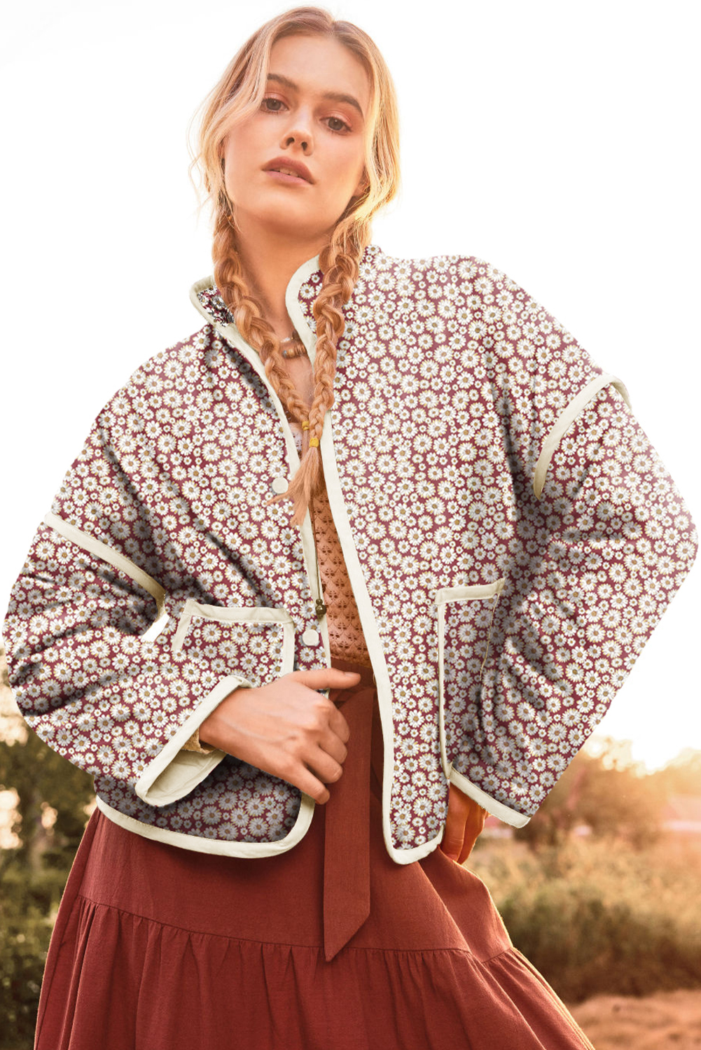 Pink Floral Print Contrast Edge Pocketed Stand Neck Jacket - Image 3