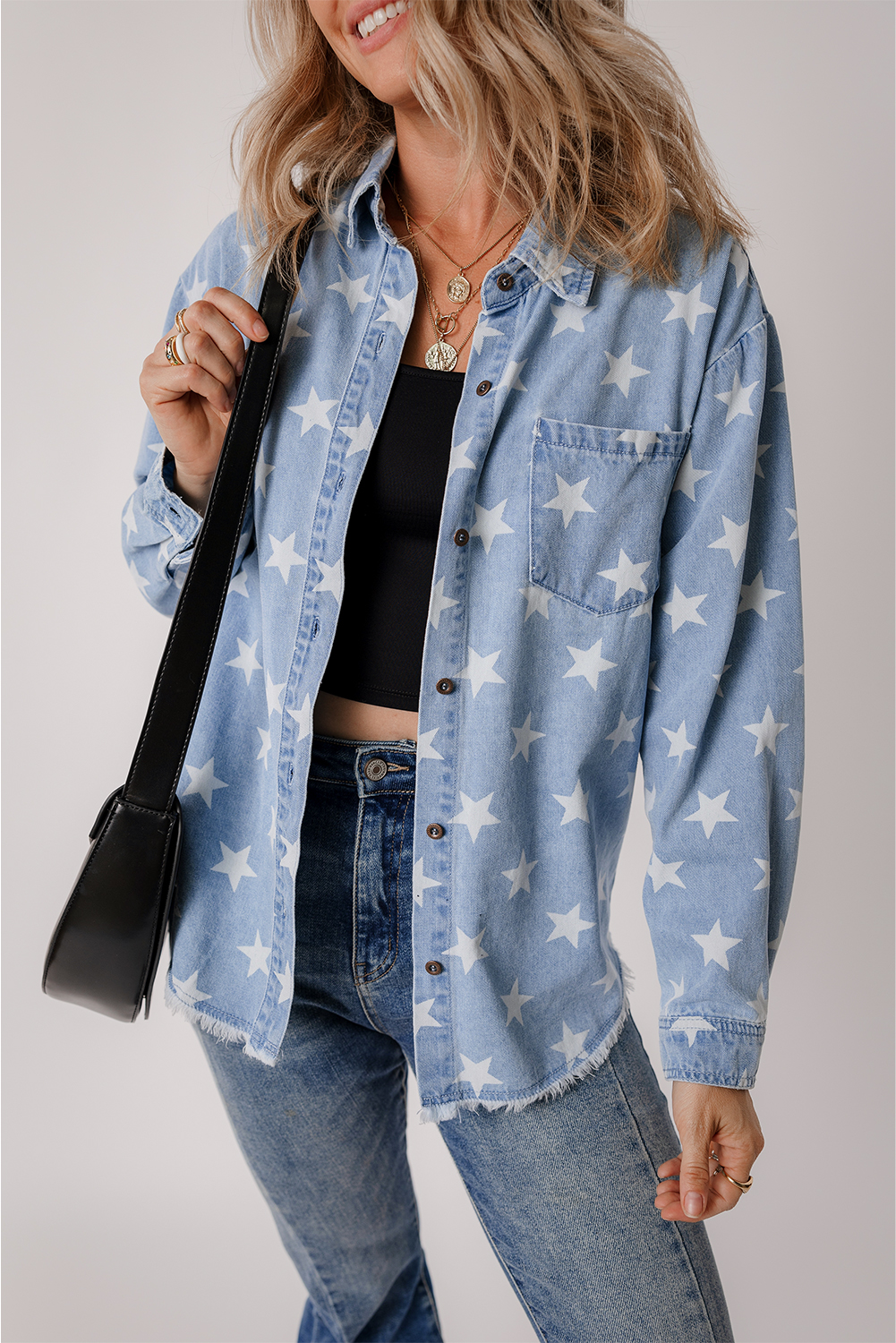 Sky Blue Star Print Light Wash Raw Hem Denim Jacket - Image 4
