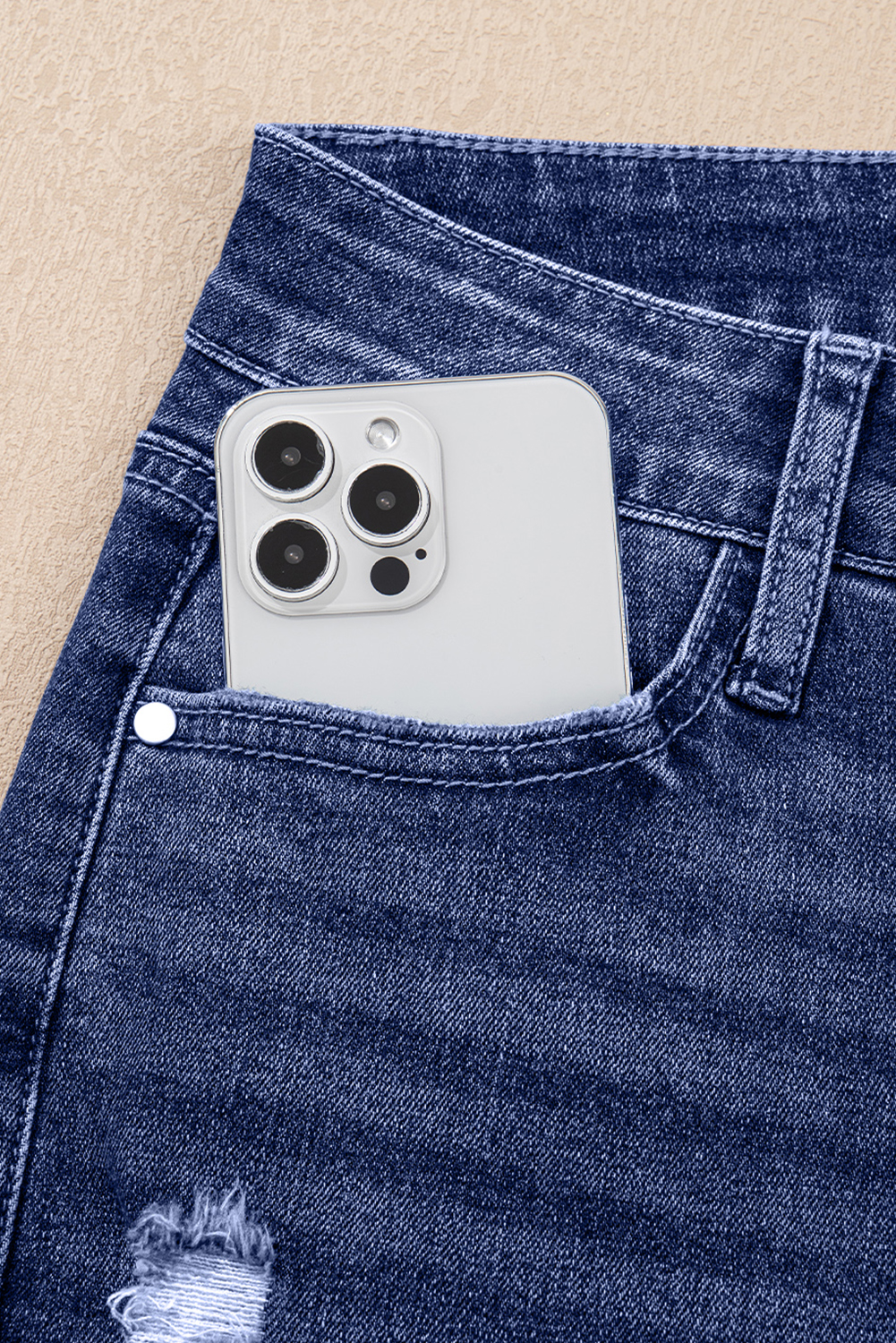 Real Teal Folded Cuffs Distressed Straight High Waist Jeans - Image 8