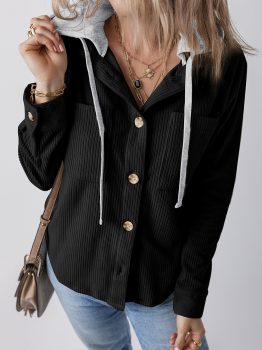 Black Hooded Drawstring Pockets Corduroy Shacket