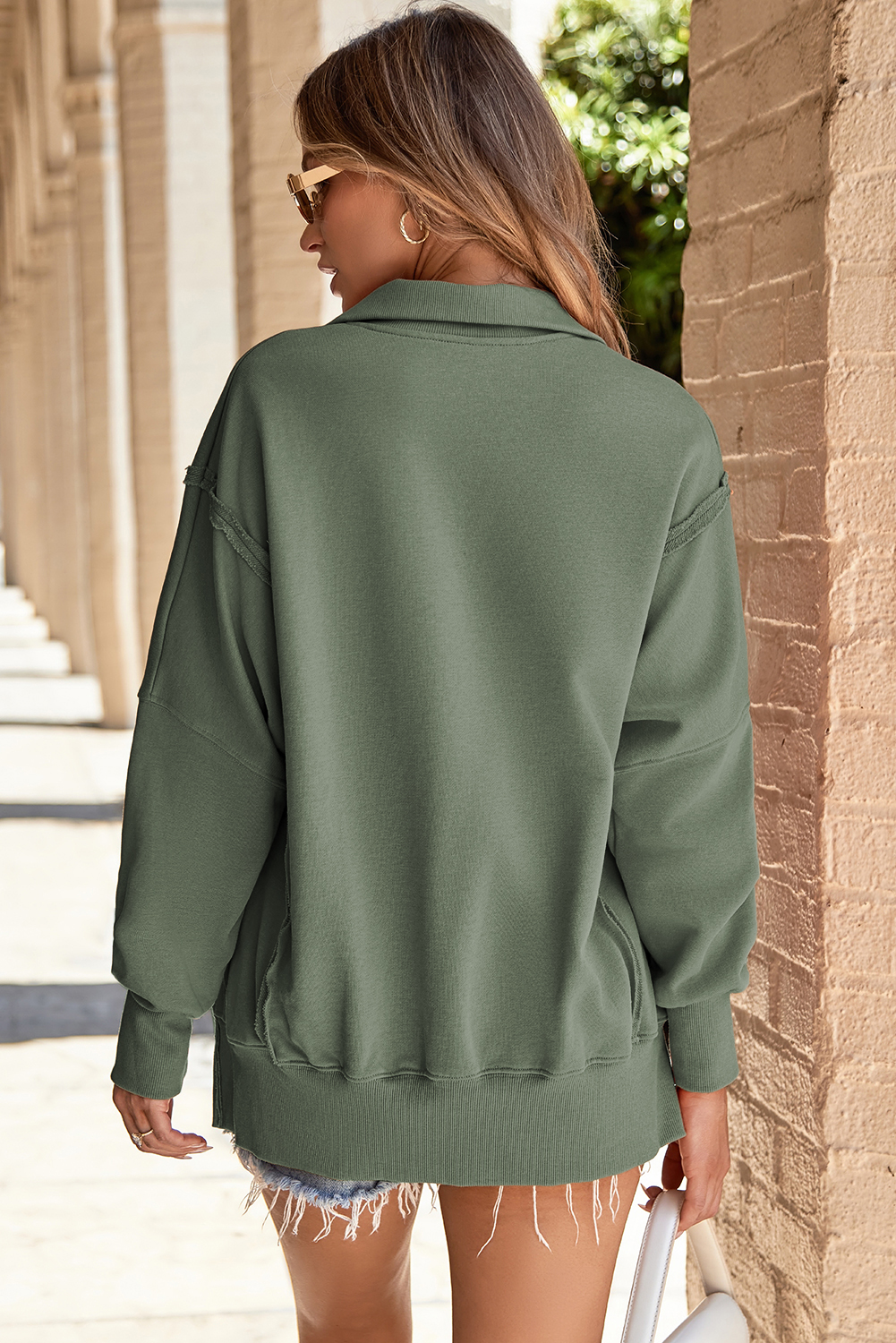 Moss Green Buttoned Collared Raw Detail High Low Baggy Sweatshirt with Slits - Image 2