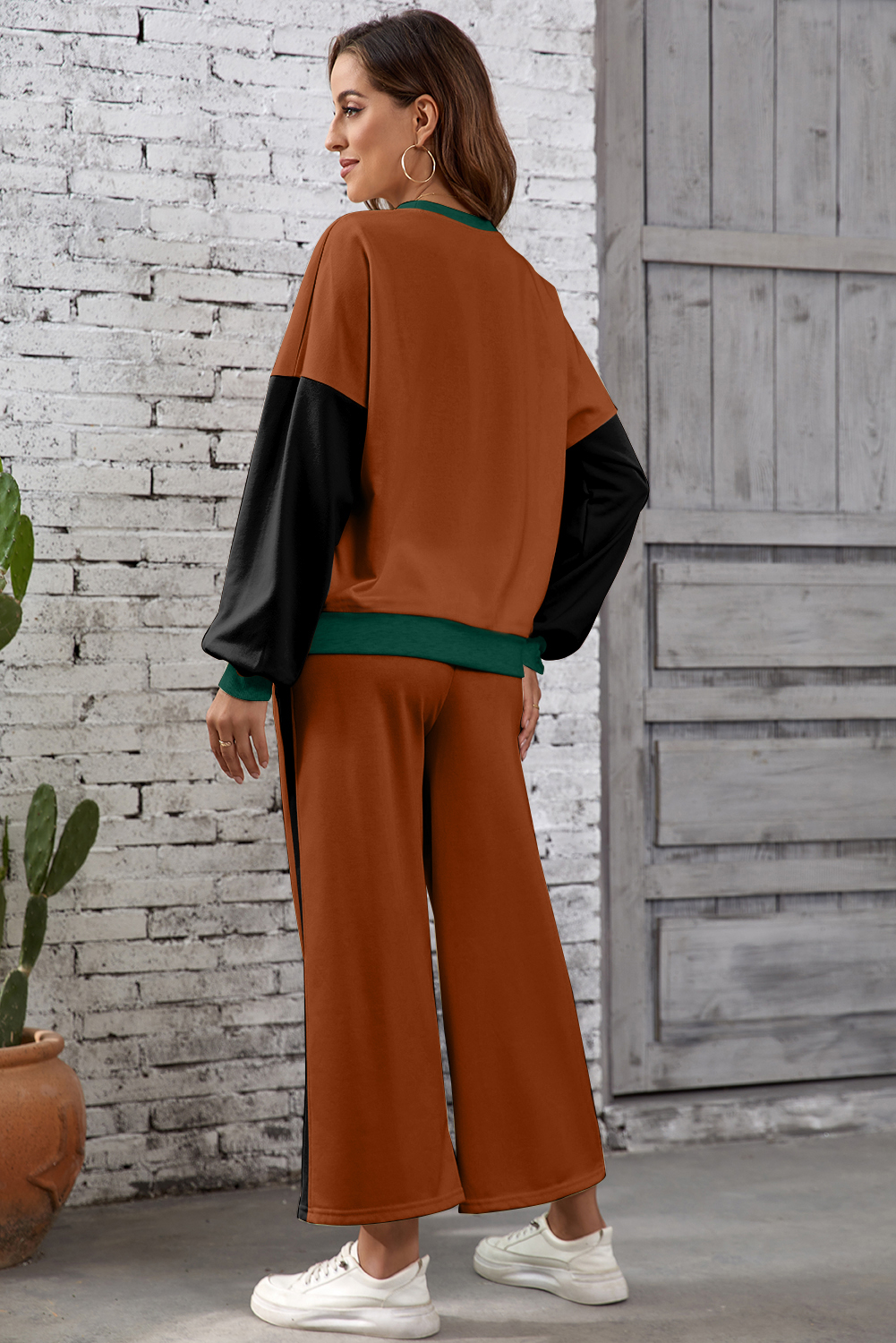 Chestnut 2pcs Color Block Pullover Loose Pant Set - Image 2