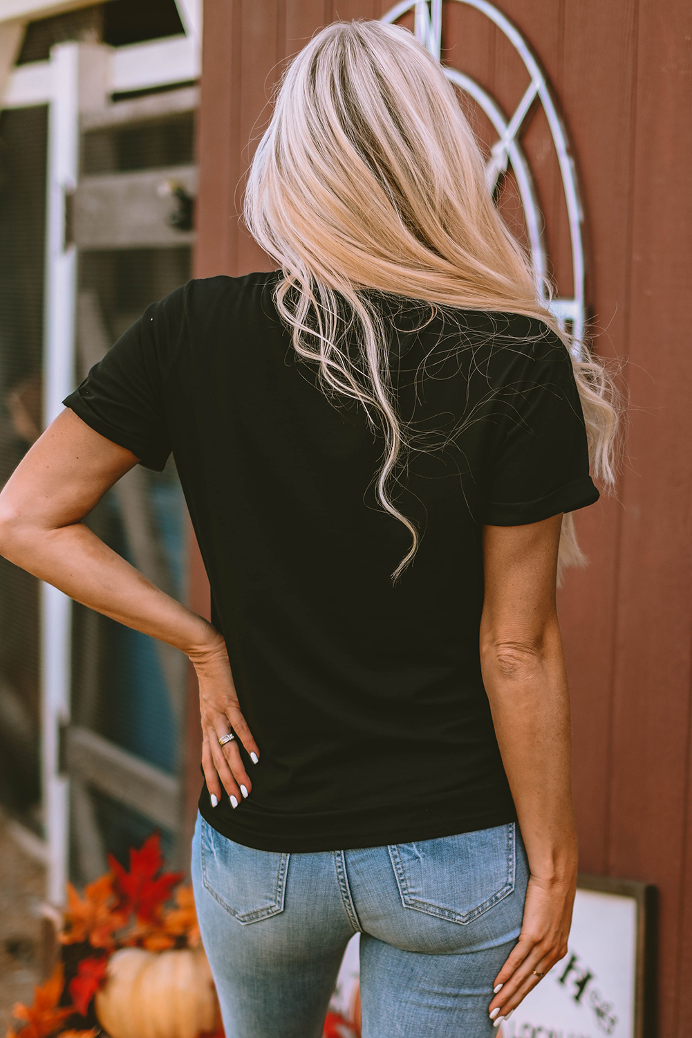 Black Sequin Bow Ghost Patched Halloween Graphic Tee - Image 2