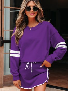 Tillandsia Purple Varsity Stripe Detail Drop Shoulder Pullover Mini Skirt Set