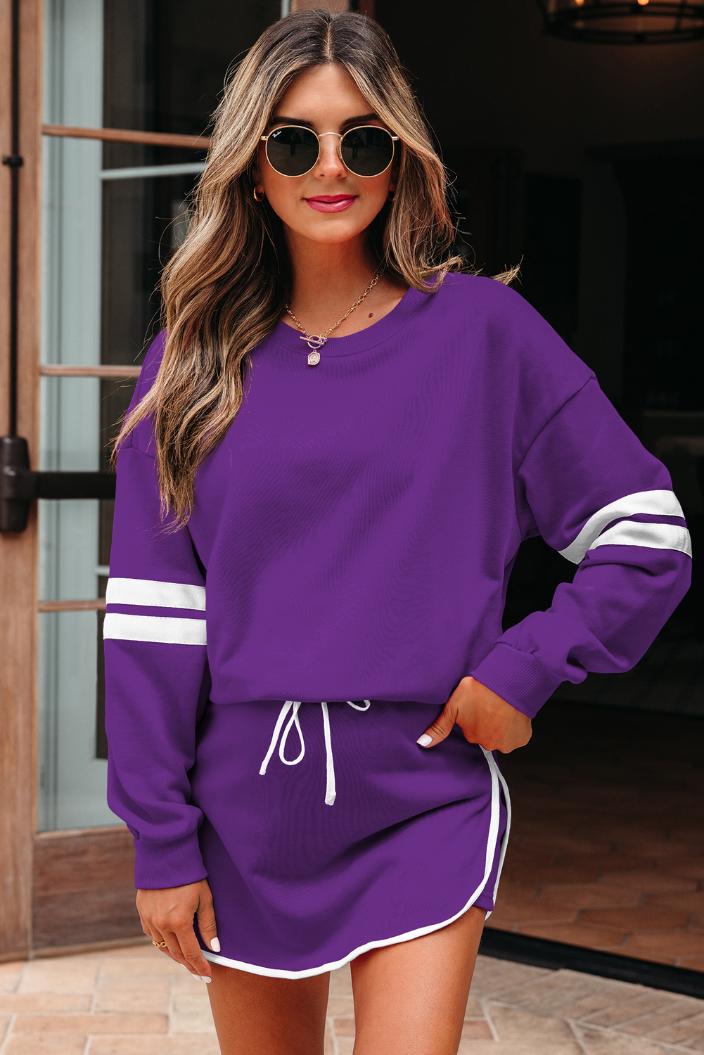 Tillandsia Purple Varsity Stripe Detail Drop Shoulder Pullover Mini Skirt Set