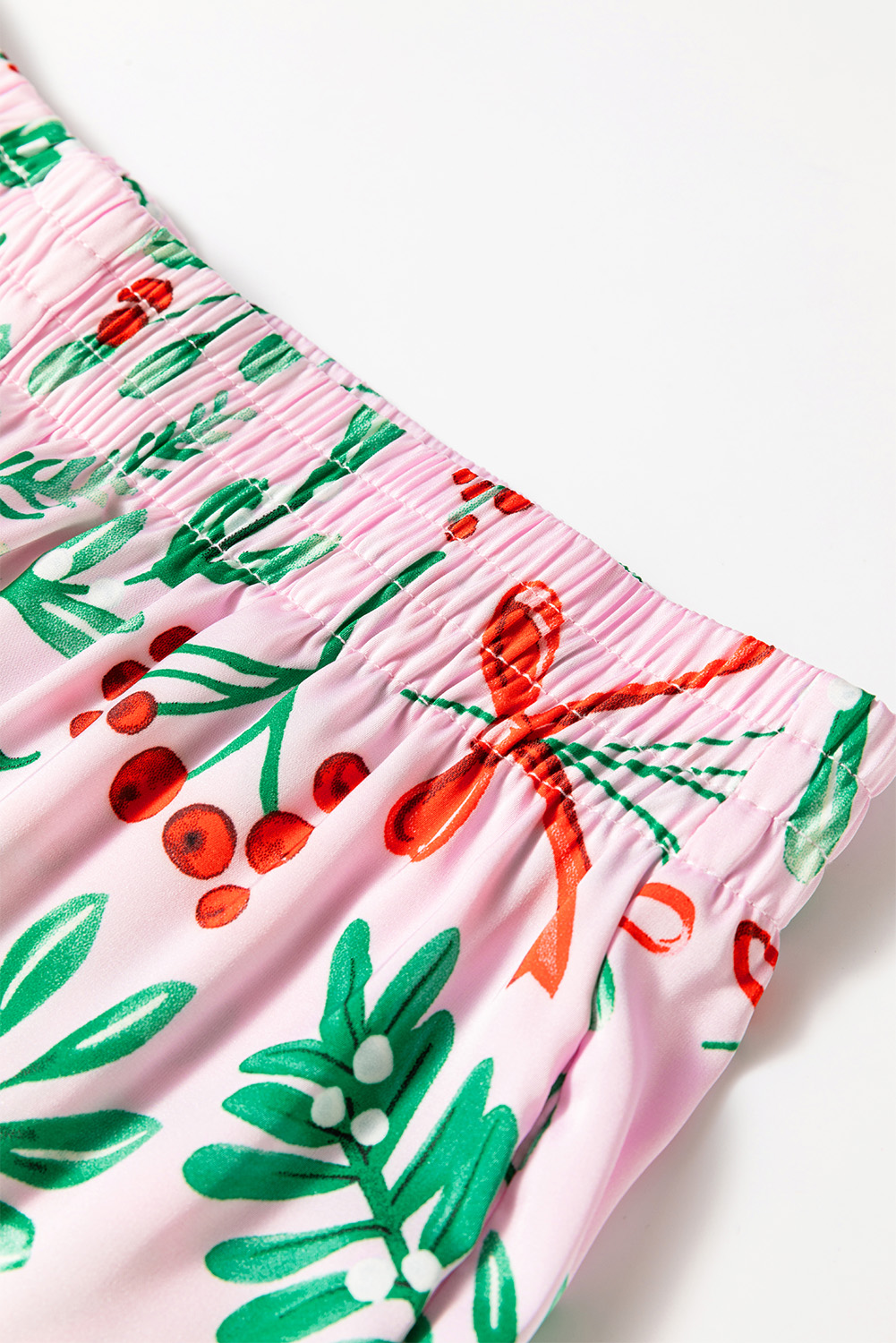 Pink Christmas Berries Plant Print Satin Long Sleeve Pajama Set - Image 6