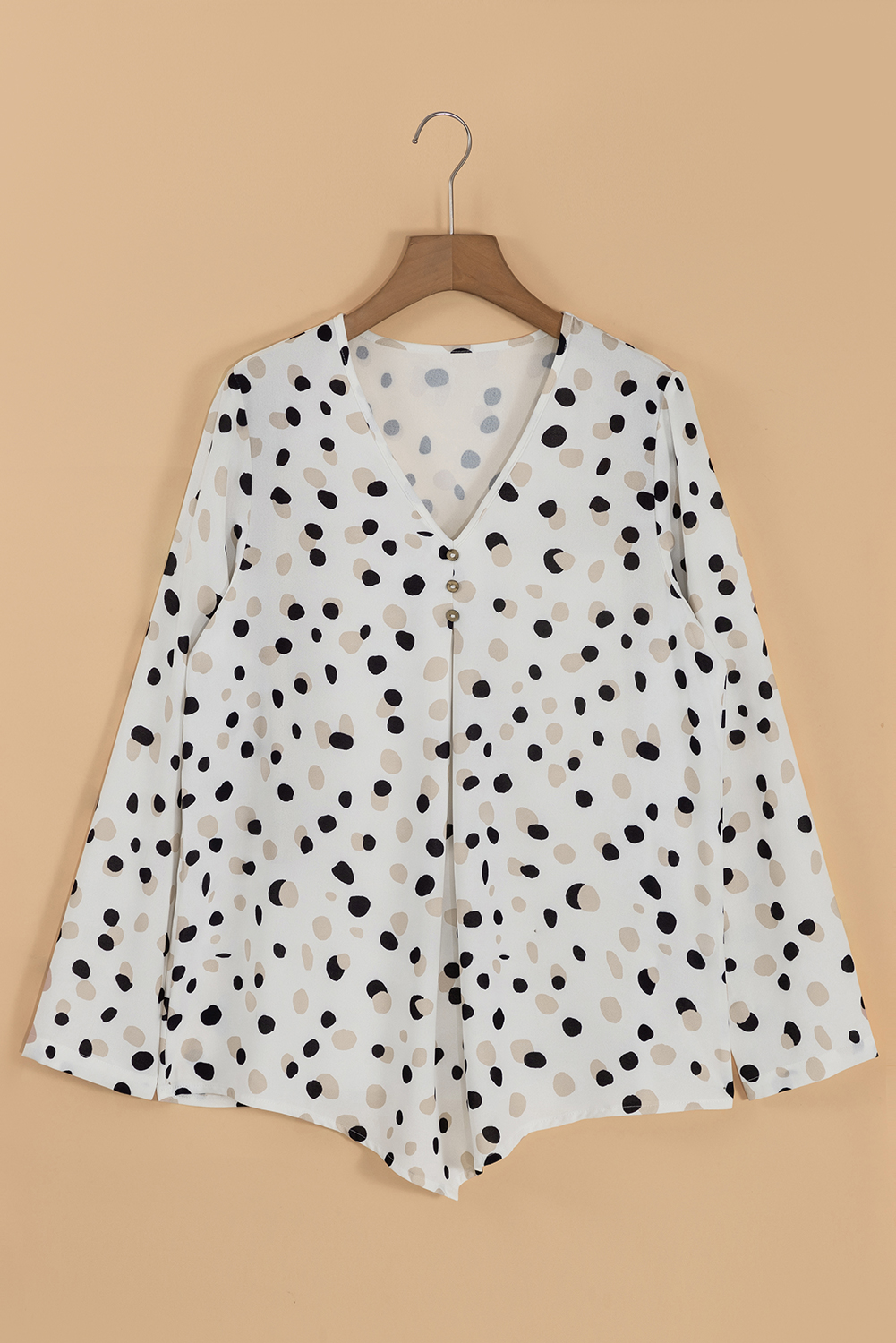 White Polka Dot Print Button Front V Neck Blouse - Image 6