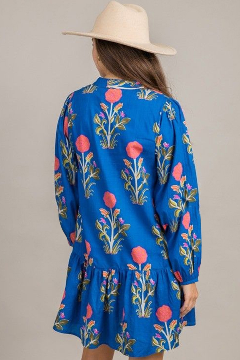 Sky Blue Floral Print Contrast Striped Trim Notched Neck Long Sleeve Dress - Image 4