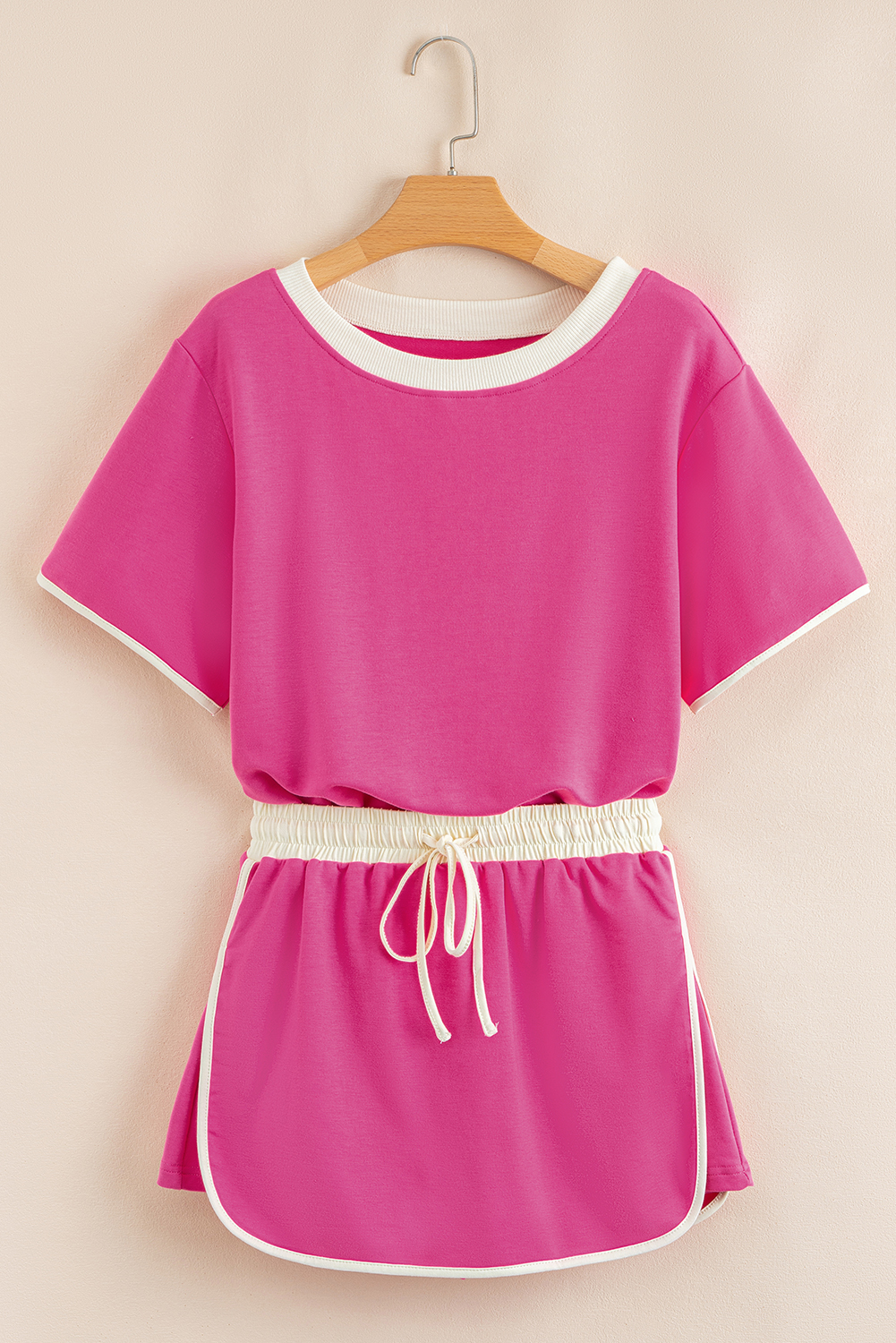 Rose Red Colorblock Edge Drop Shoulder T Shirt and Skort 2Pcs Set - Image 8