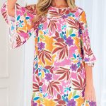 Pink Floral Print Lace Trimmed Tie Back Bell Sleeve Swing Mini Dress