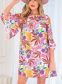 Pink Floral Print Lace Trimmed Tie Back Bell Sleeve Swing Mini Dress