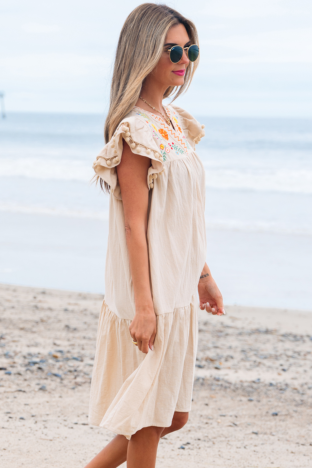 Jet Stream Linen Embroidery Split Neck Pom Pom Ruffle Sleeves Flowy Short Dress - Image 4