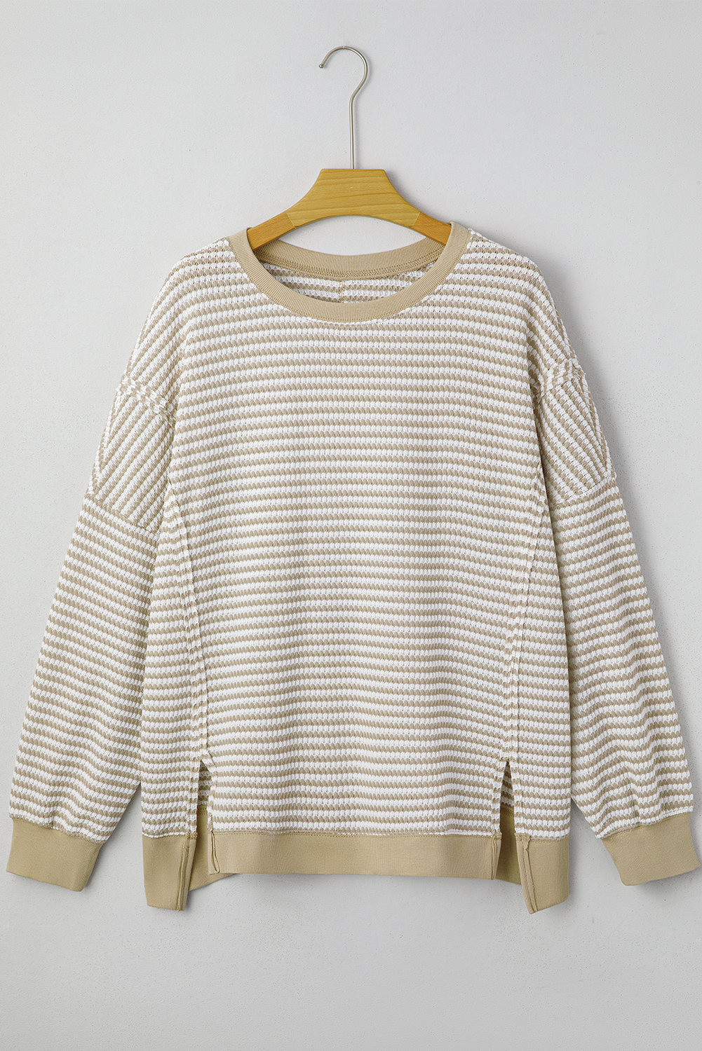 Brown Stripe Plus Size Breathable Knit Ribbed Trim Long Sleeve Top - Image 8