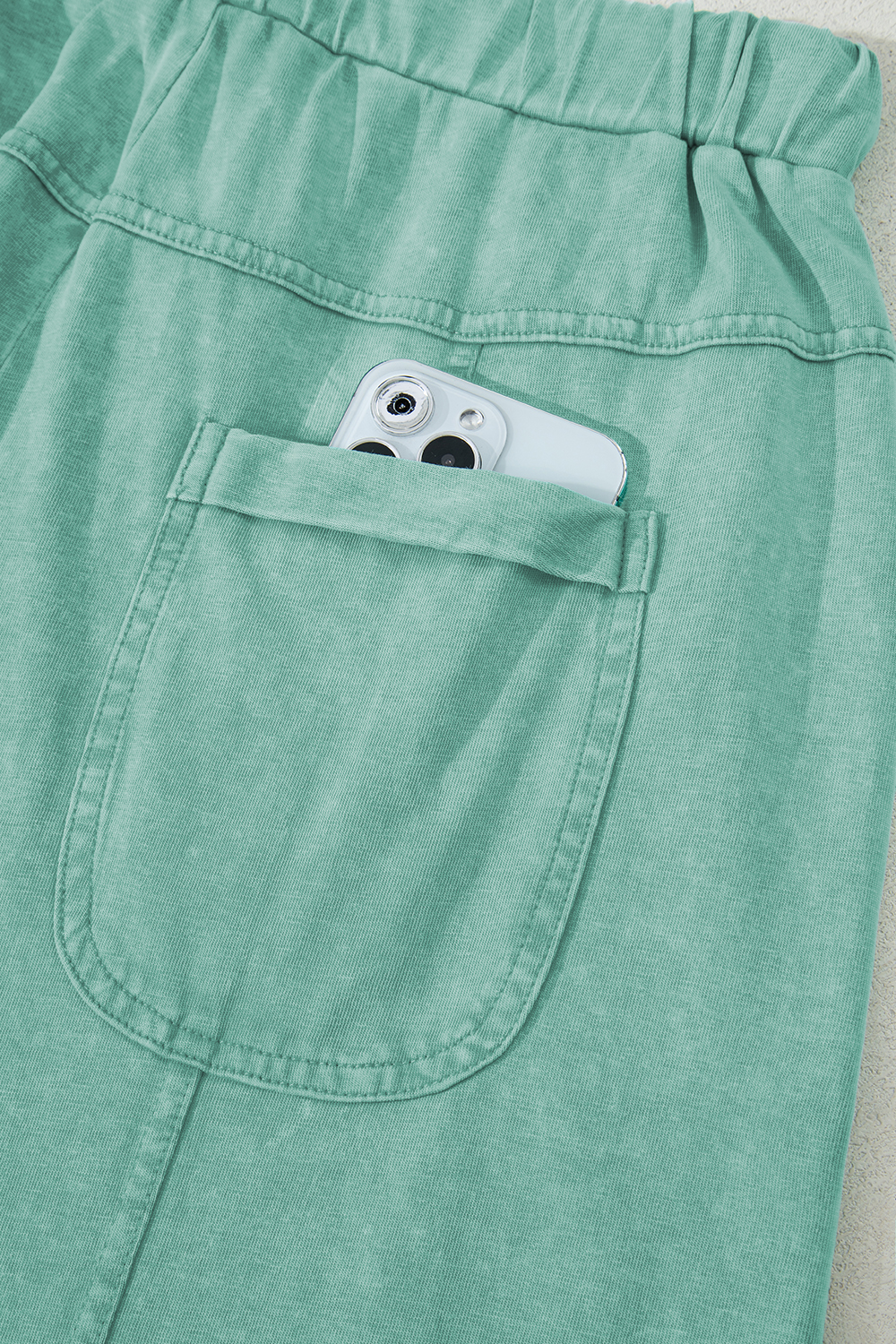 Mint Green Mineral Wash Exposed Seam Drawstring Elastic Waistband Wide Leg Cargo Pants - Image 8