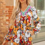 Orange Floral Print Striped Lace V Neck Long Sleeve Mini Dress