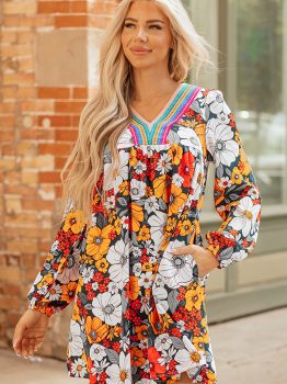 Orange Floral Print Striped Lace V Neck Long Sleeve Mini Dress
