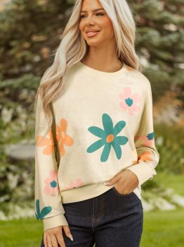 Khaki Mineral Washed French Terry Flower Print Sweatshirt